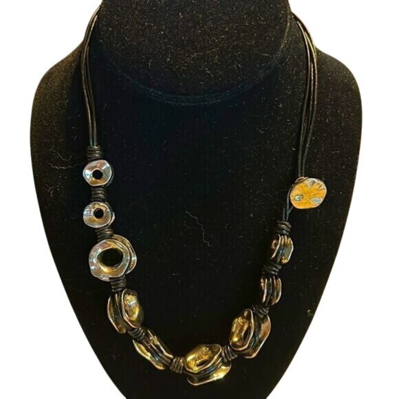 Chunky Black Cord Necklace With Silver-Tone Metal Beads Unique Button Accent - Picture 1 of 4